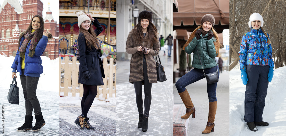Fototapeta premium Collage winter fashion. Young beautiful women