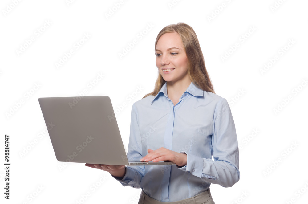Office employee holding laptop isolated on white Office employee holding laptop isolated on white