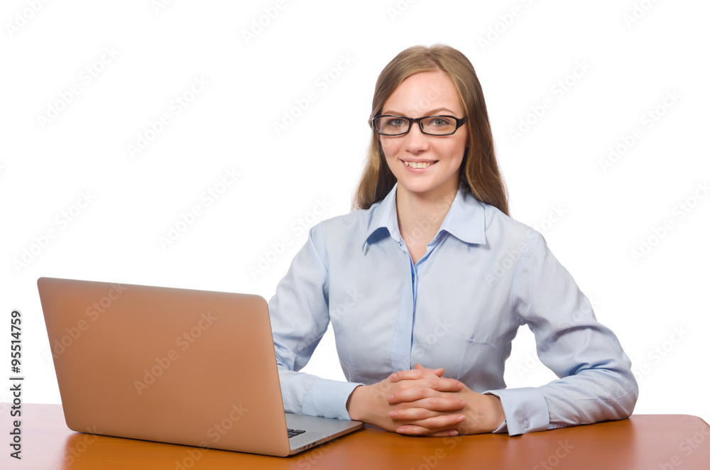 Office employee holding laptop isolated on white Office employee holding laptop isolated on white