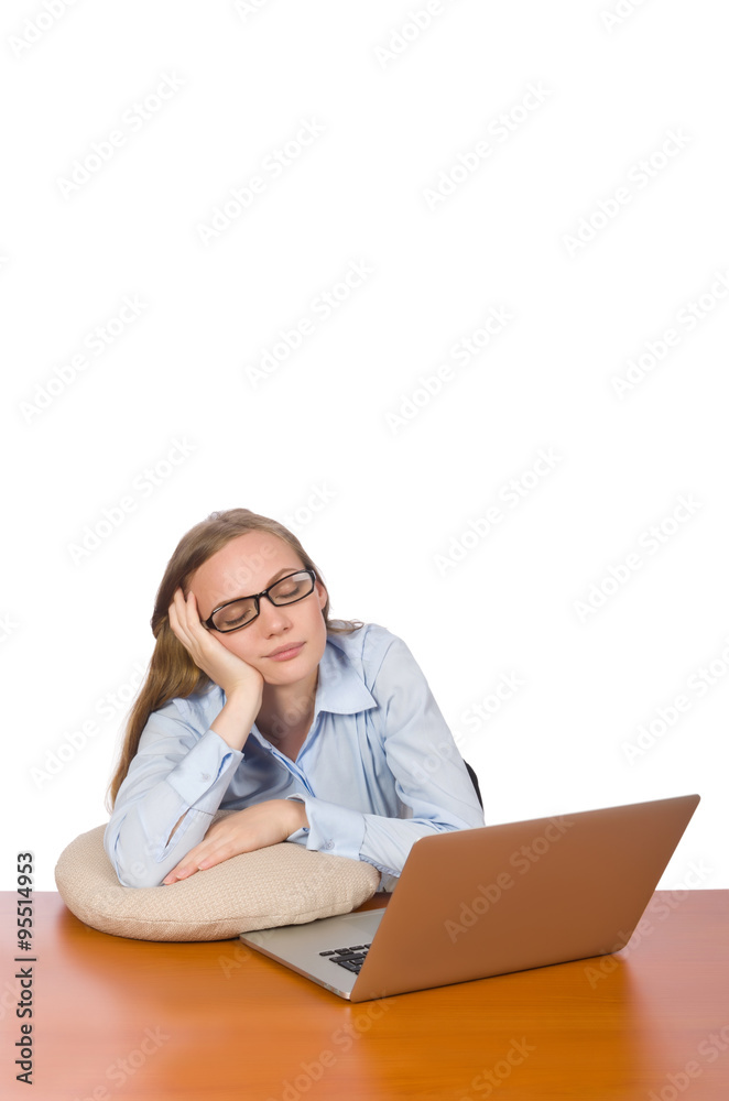 Office employee at work table isolated on white Office employee at work table isolated on white
