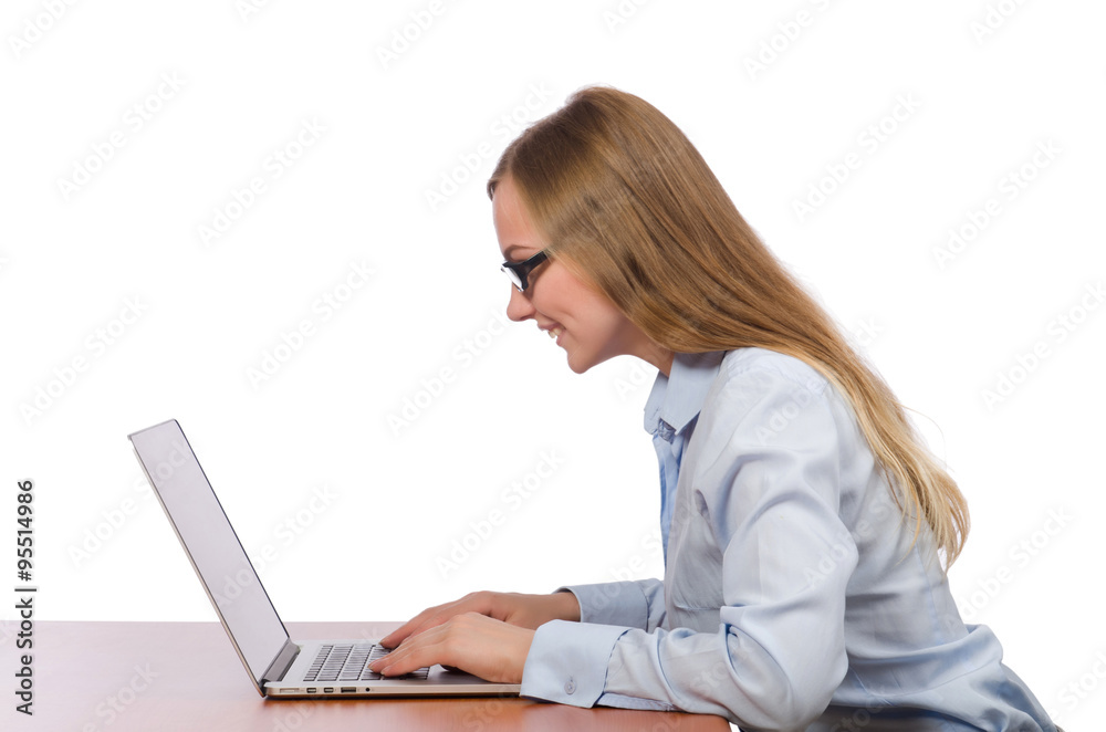 Office employee at work table with laptop isolated on white Office employee at work table with laptop isolated on white