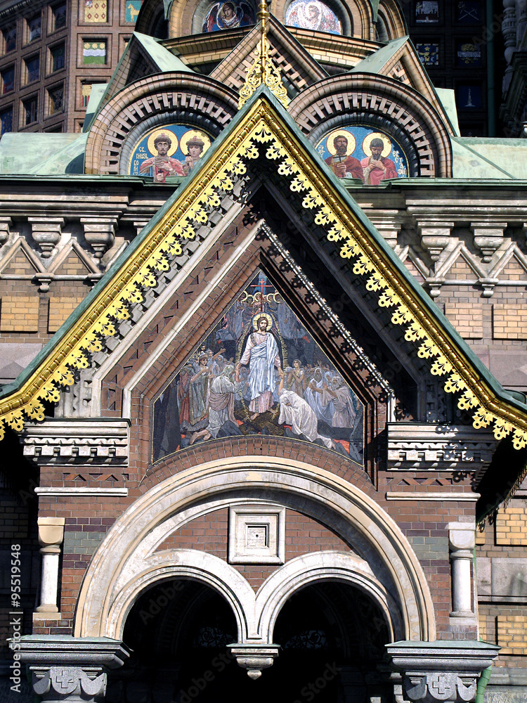Church of the Savior on Spilled Blood in Saint-Petersburg . Tympanum of the pediment of the southern porch. Descent into Hell . Mosaic after the original Vasnetsov