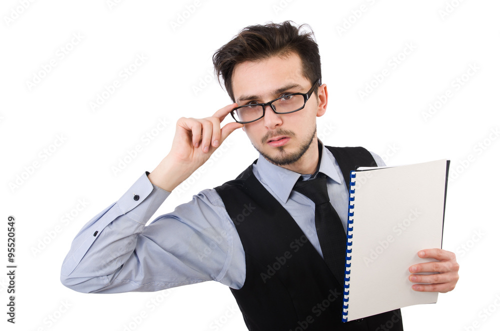 Office employee holding paper isolated on white Office employee holding paper isolated on white