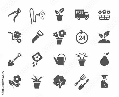 Gardening, flowers, icons, monochrome, white background. 