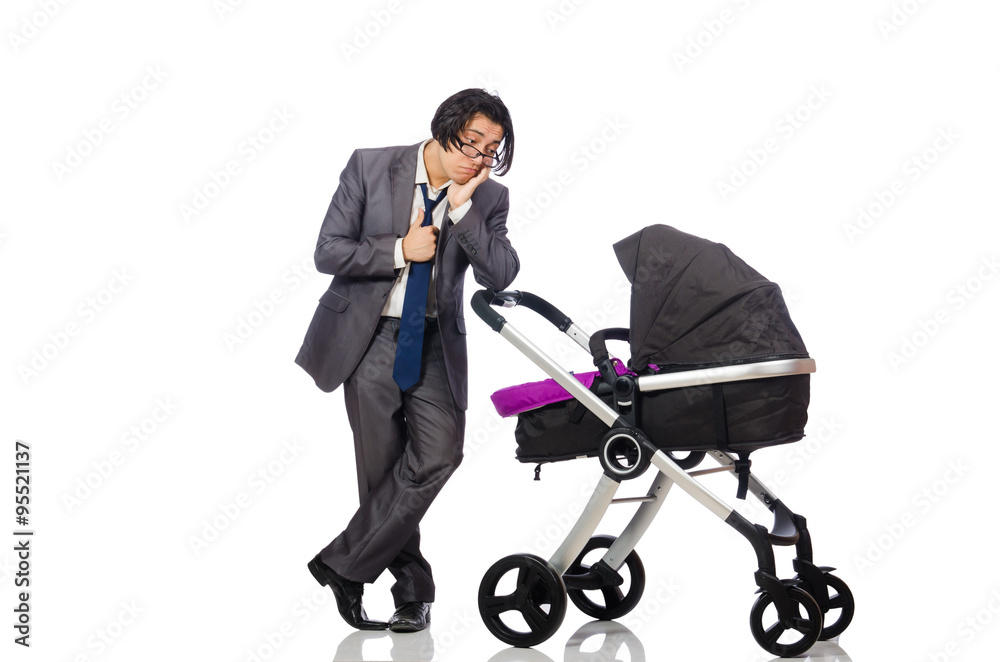 Funny dad with baby and pram on white Funny dad with baby and pram on white