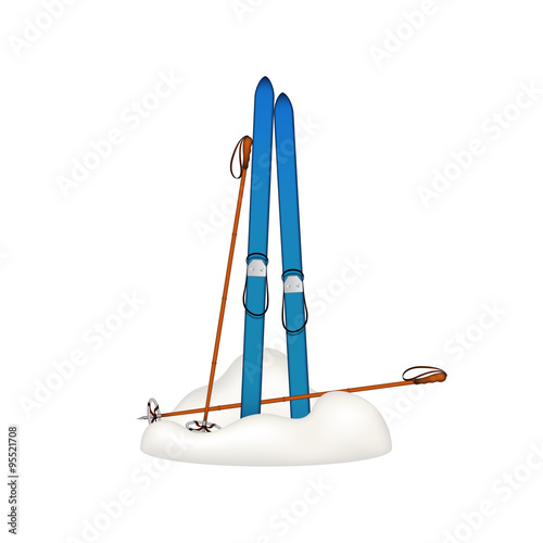 Old wooden skis and old ski poles standing in snow 