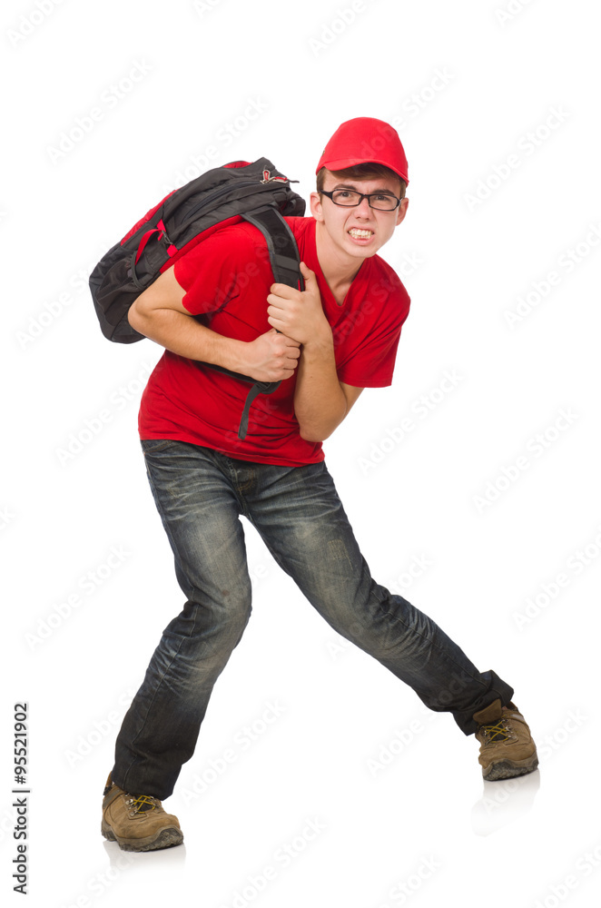 Young traveller with backpack isolated on white Young traveller with backpack isolated on white