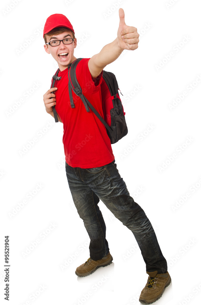 Young traveller with backpack isolated on white Young traveller with backpack isolated on white