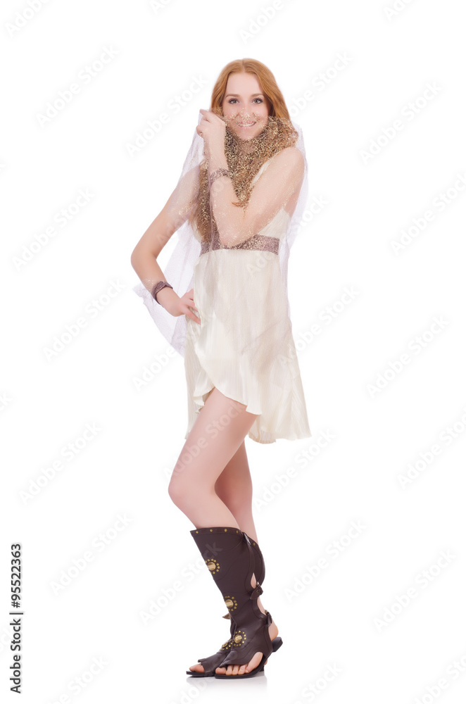 Pretty lady in light charming dress isolated on white Pretty lady in light charming dress isolated on white