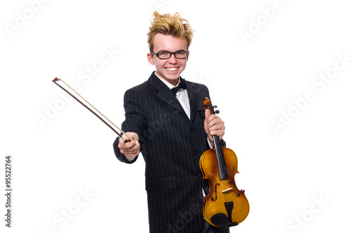 Young musician with violin isolated on white