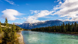 The Athabasca River seen from the Bridge of Maligne lake Road in Jasper national Park in the Canadian Rockies