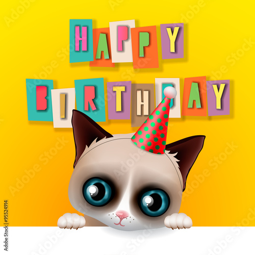 Cute happy birthday card with fun cranky cat