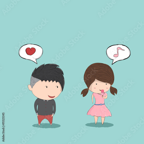 Cute cartoon boy and girl couple in love and secretly like, cute