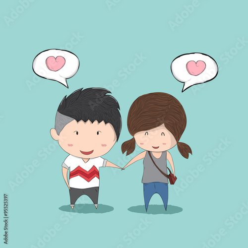 Cute cartoon boy and girl hand in hand in love and secretly like