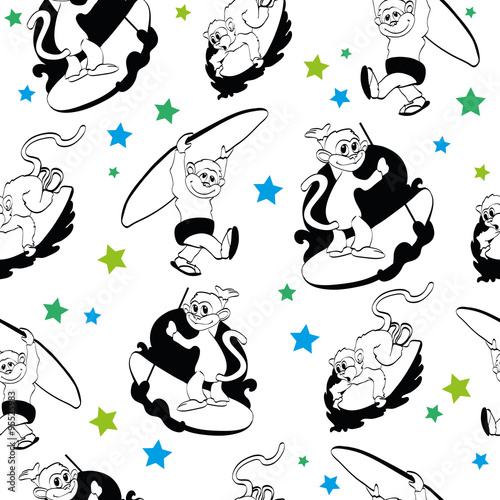 Vector Black White Surfing Monkeys Stars Seamless Pattern. Cute Adventure