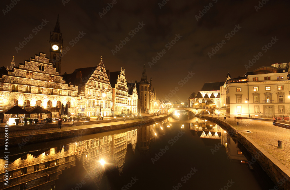 view of graslei embankment in  ghent old town