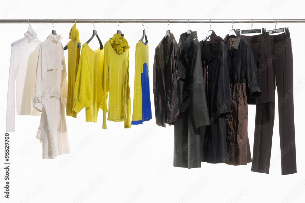 Set of female dress and trousers isolated on hanging 