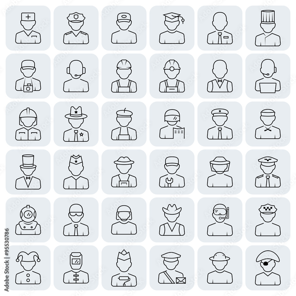 Profession icon set in thin line style. Profession icon set in thin line style.