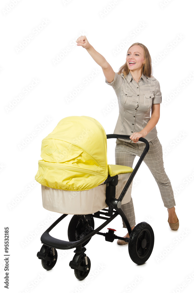 Woman with baby and pram isolated on white