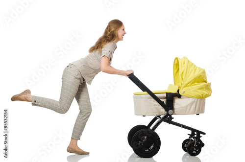 Woman with baby and pram isolated on white