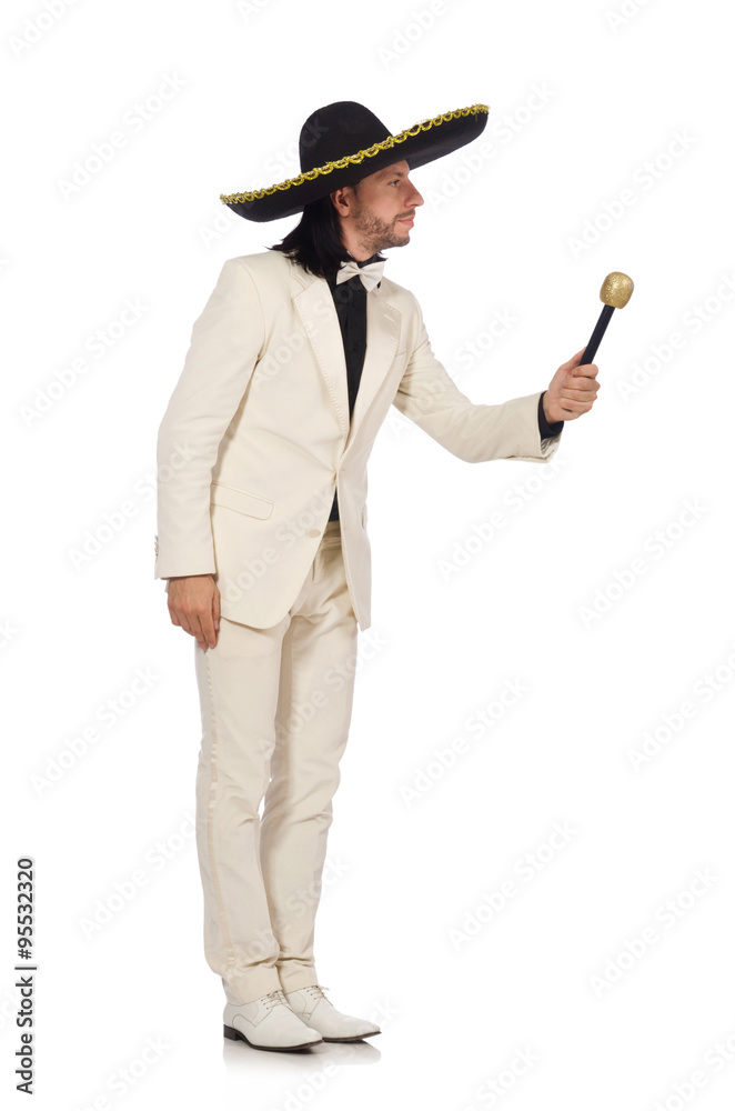 Funny mexican in suit holding maracas isolated on white Funny mexican in suit holding maracas isolated on white