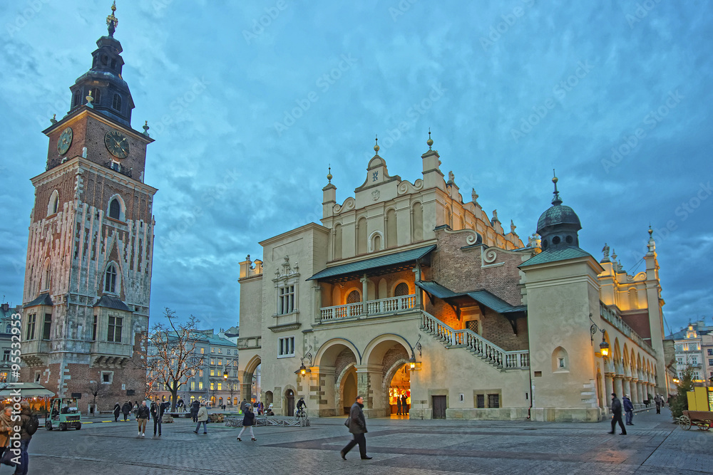 Town Hall Tower and Cloth hall in the Main Market Square of the Krakow