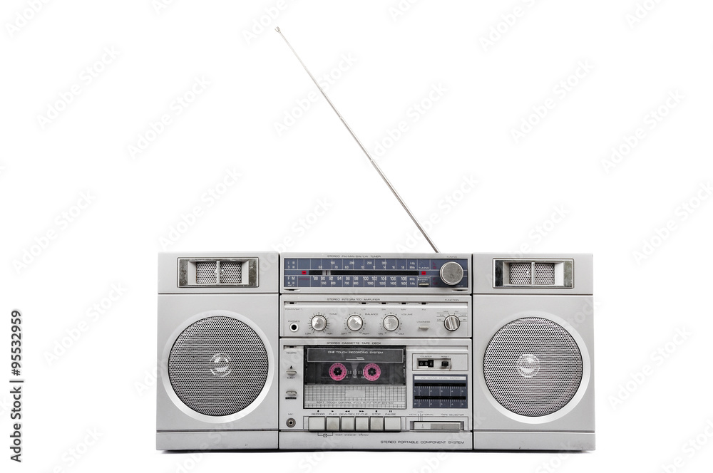 1980s Silver radio boom box with antenna up isolated on white 1980s Silver radio boom box with antenna up isolated on white