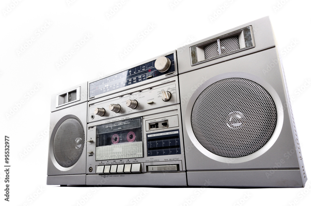 1980s Silver radio boom box isolated on white 1980s Silver radio boom box isolated on white
