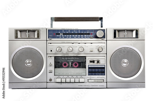1980s Silver radio boom box  isolated on white. front