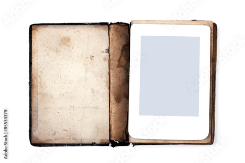 Old book and ebook isolated on white background