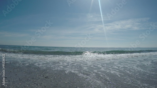 The Alboran Sea and beach in Spanish La Linea next to the Rock of Gibraltar.