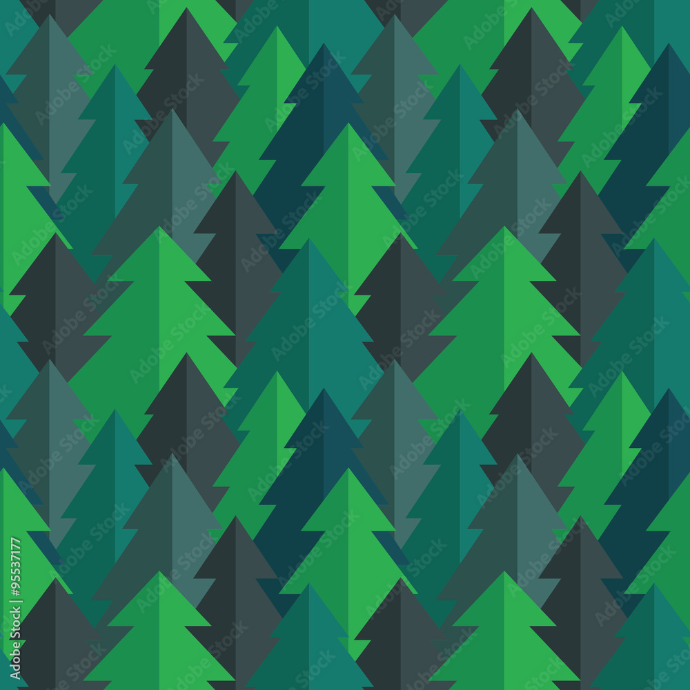 Flat pine forest seamless vector pattern in blue green and turquoise colors