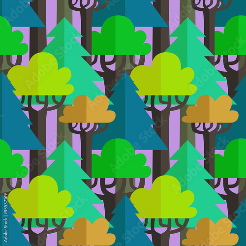 Flat mixed (coniferous and deciduous trees) forest seamless vector pattern