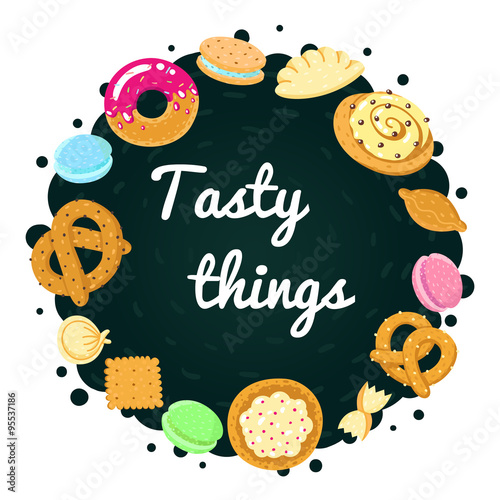 Vector food background and card with pastries, sweets, pasta and dumplings (on a dark green background)
