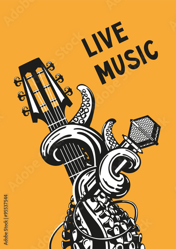 live music. Rock poster with a guitar, microphone and tentacles.