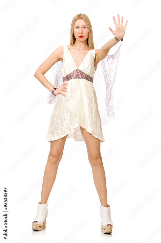 Woman wearing white dress isolated on white Woman wearing white dress isolated on white