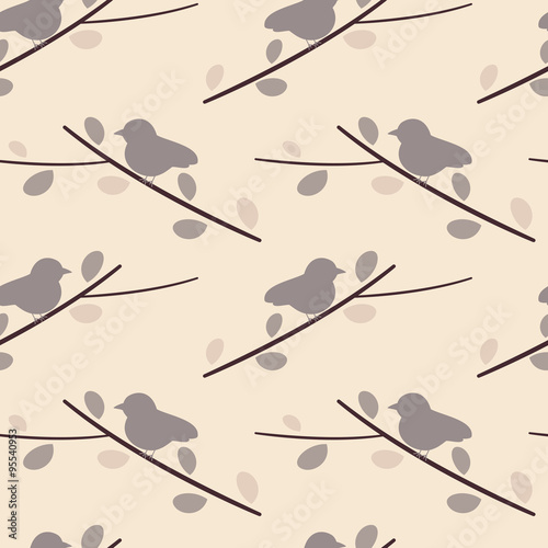 purple soft little bird on branch lovely romantic seamless vector pattern background illustration