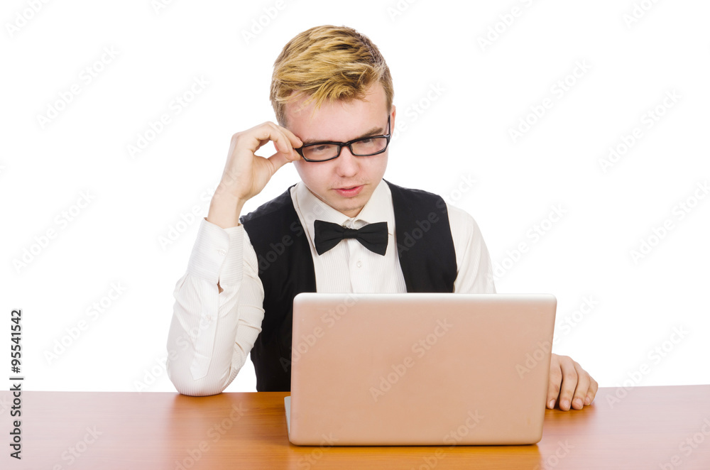 Smart student sitting with laptop isolated on white Smart student sitting with laptop isolated on white