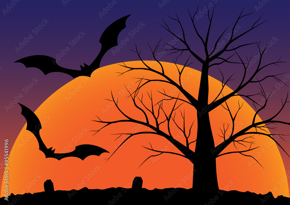 Silhouette of graveyard with dead tree and flying bats halloween