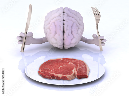 the brain with hands, utensils and steak