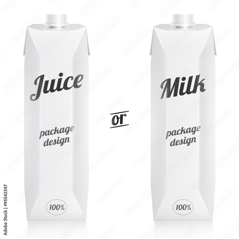 Vector juice or milk packages with cups