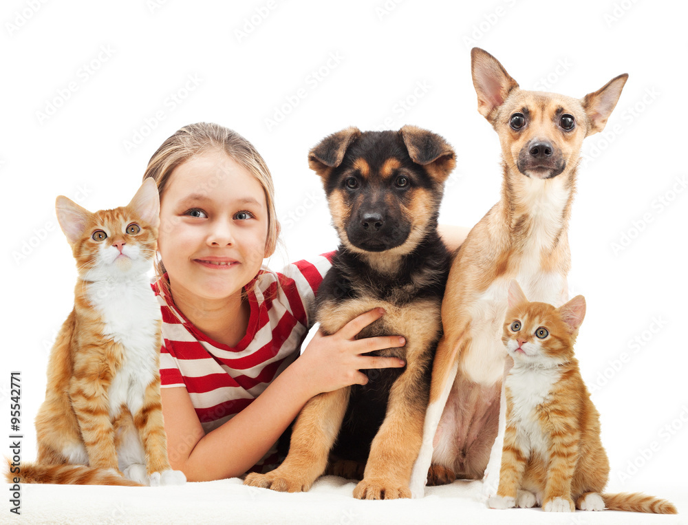 girl and a cat and a dog