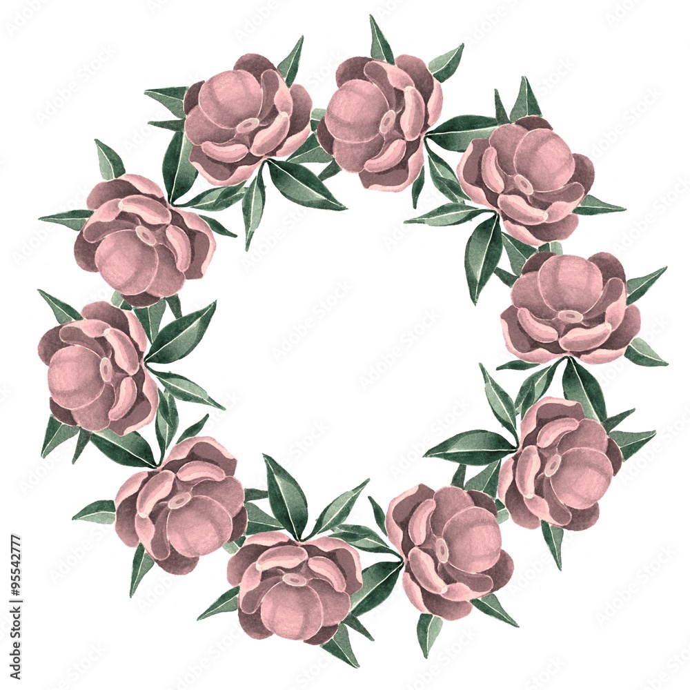 Peonies. Floral wreath 2. Watercolor floral round frame