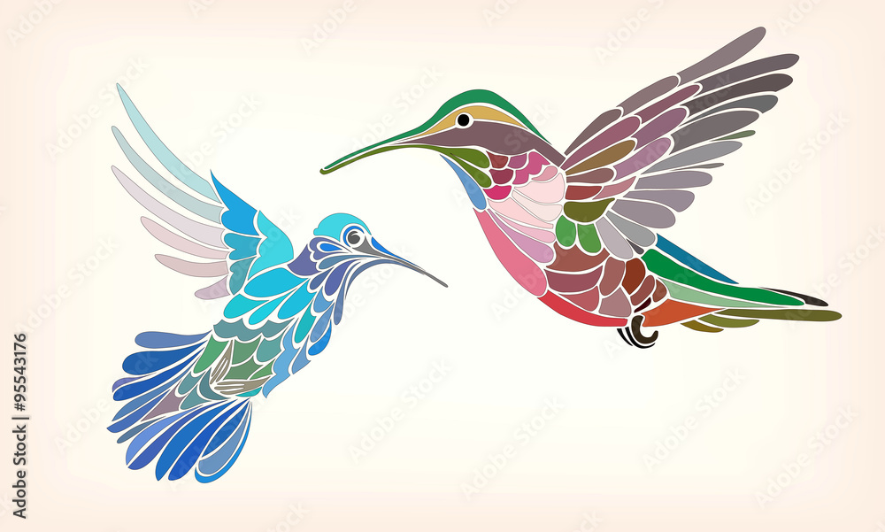 Obraz premium Two hummingbirds in stylized vector illustration