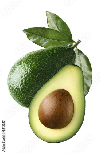 Whole avocado half seed leaves cut isolated on white background