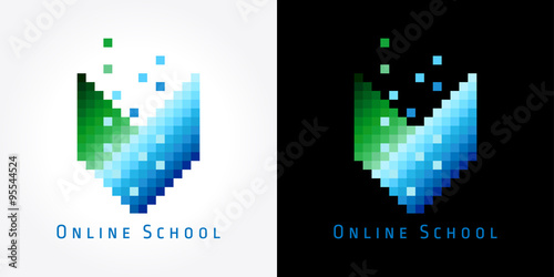 Digital online school color logo. Green and blue pixel book icon for internet education.