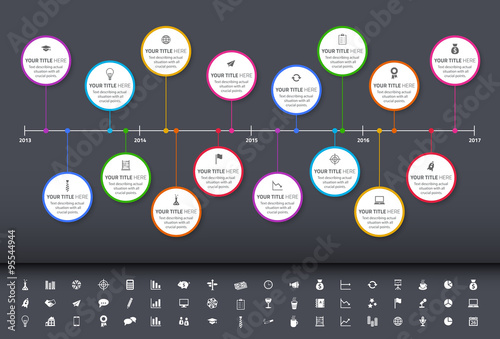 Modern rainbow timeline with circle milestones and set of icons