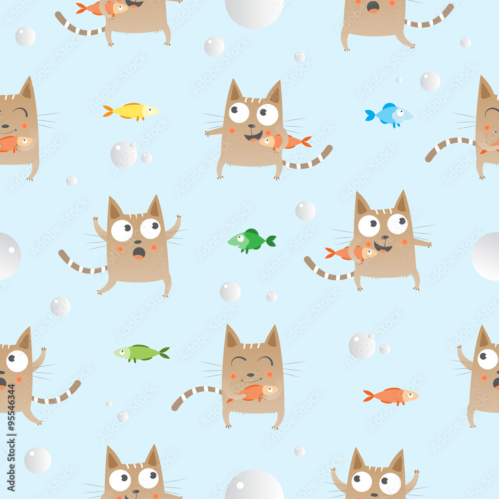 Vector seamless pattern with cartoon cats and fishes on  blue background.