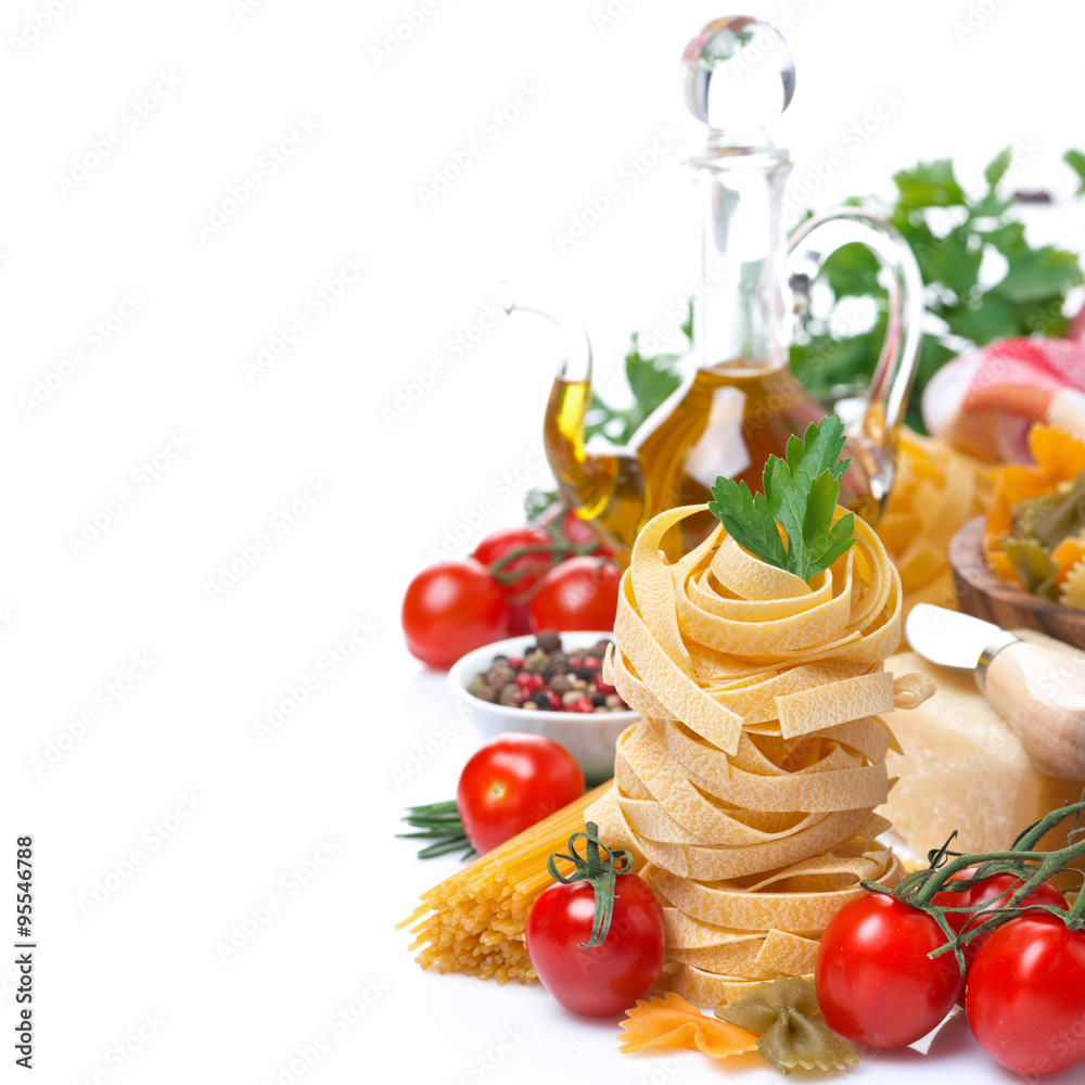 Italian pasta nest, cherry tomatoes, spices, olive oil, isolated Italian pasta nest, cherry tomatoes, spices, olive oil, isolated