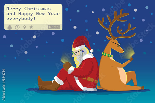 Santa claus and Reindeer sit on the ground  lean on each other sending a post " Merry Christmas and Happy New Year everybody!" from theirs mobile phone in snowy night